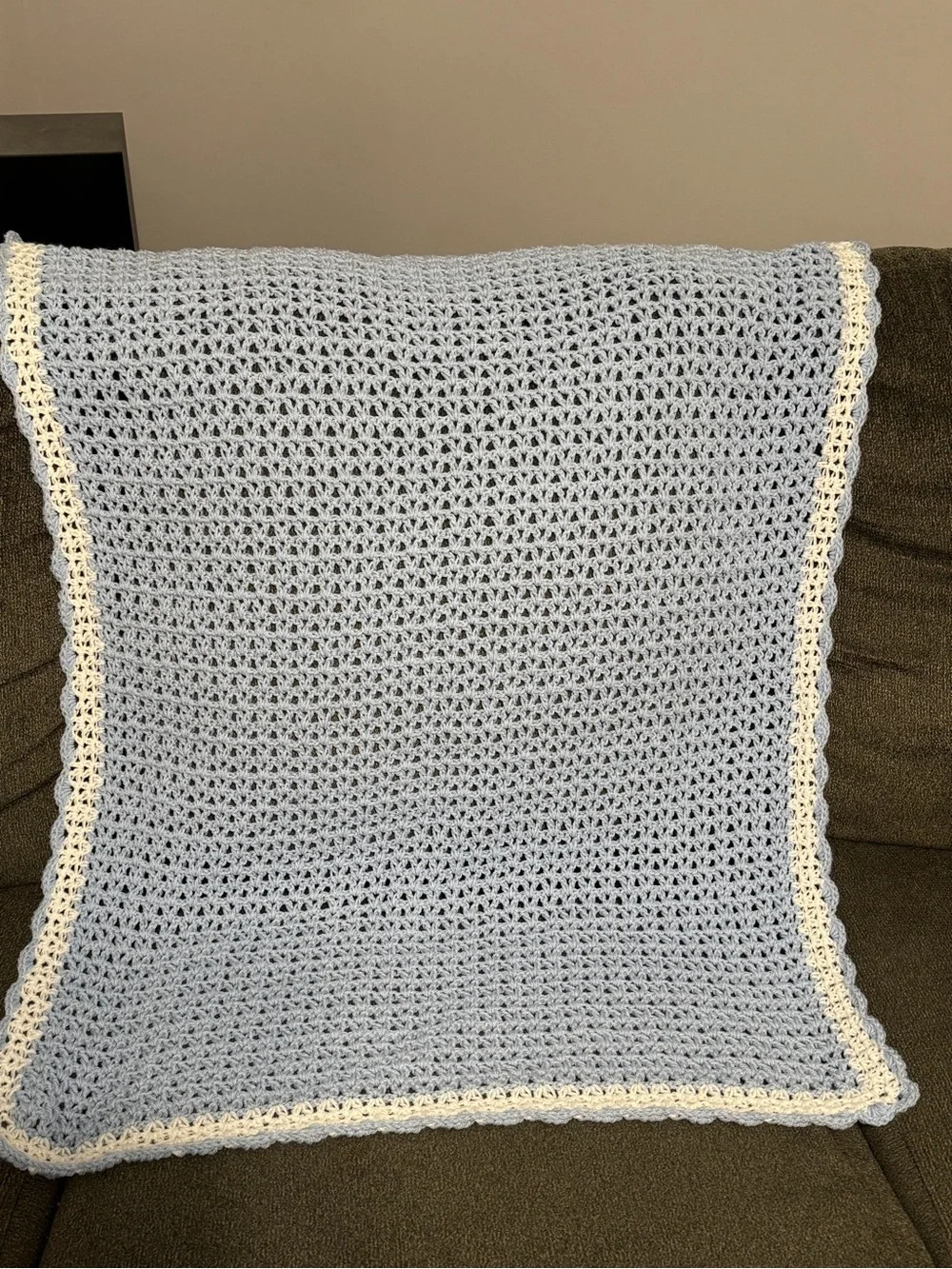 Handmade Light Blue Crochet Baby Throw Blanket with Cream Trim